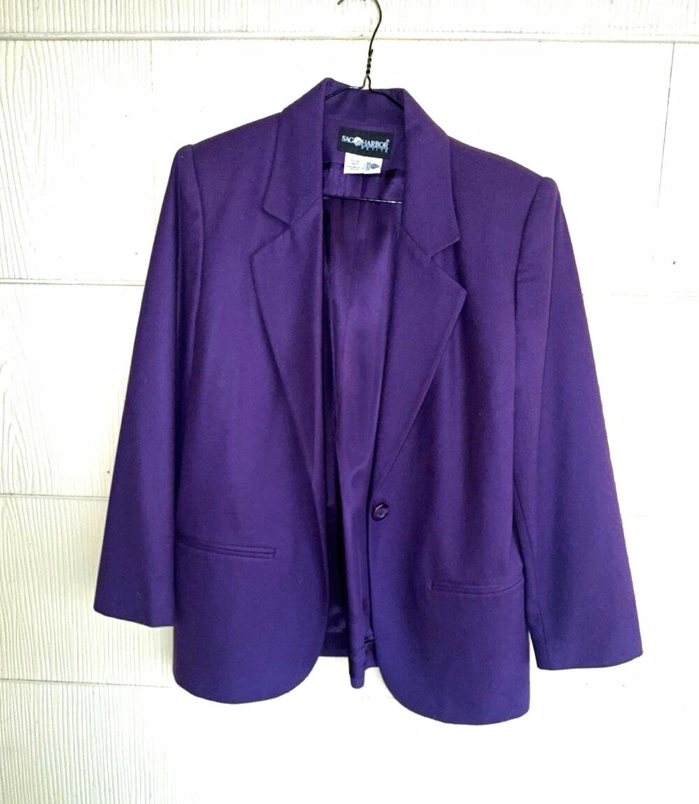 Sag Harbor Petite Women's 8P Purple Solid Lined Wool Button Blazer Pockets